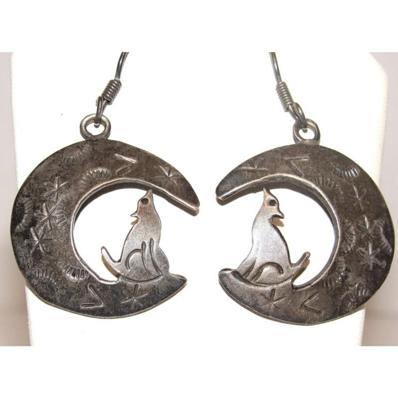 Vintage Taxco Mexican Silver Coyote & Moon Statement Dangle Earrings (1 of 4)