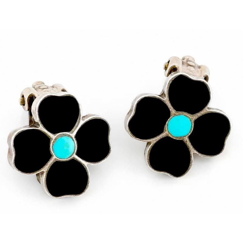 Vintage Zuni Flower Inlay Clip On Earrings Turquoise Jet Sterling Silver (1 of 5)
