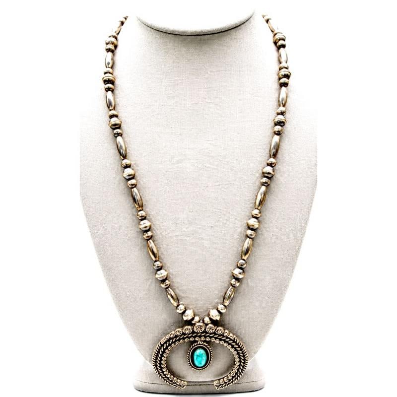 Vintage Navajo Squash Blossom Naja Necklace Sterling Silver Turquoise Navajo Pearls (1 of 5)