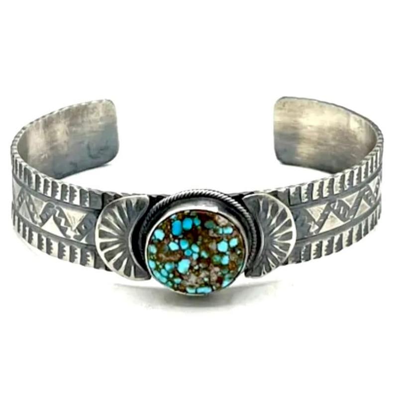 Navajo Number 8 Turquoise Stacker Cuff Sterling Hand Etched Bracelet Tillie John (1 of 4)