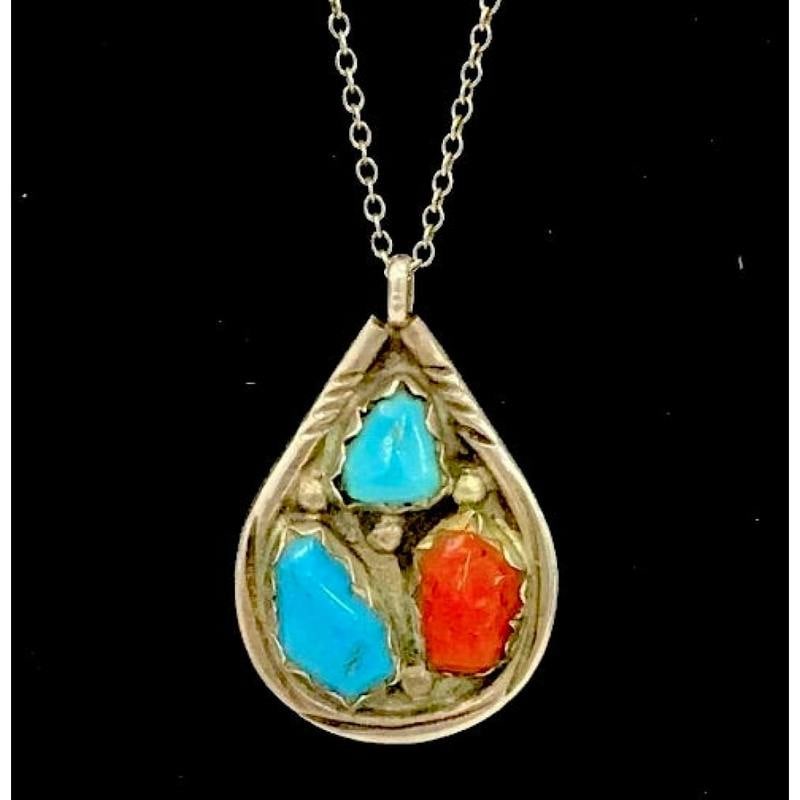 Old Pawn Zuni Turquoise Coral Pendant Necklace Billy & Nettie Nastacio Sterling (1 of 4)