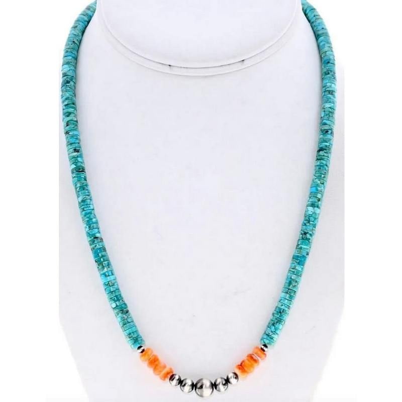 Navajo Turquoise Heishi Necklace Spiny Oyster Navajo Pearls: Navajo Turquoise Heishi Necklace Spiny Oyster Navajo Pearls. The necklace has been hand crafted with 4mm Turquoise Heishi beads accented with 6mm Orange Spiny Oyster in the center and round sterling s