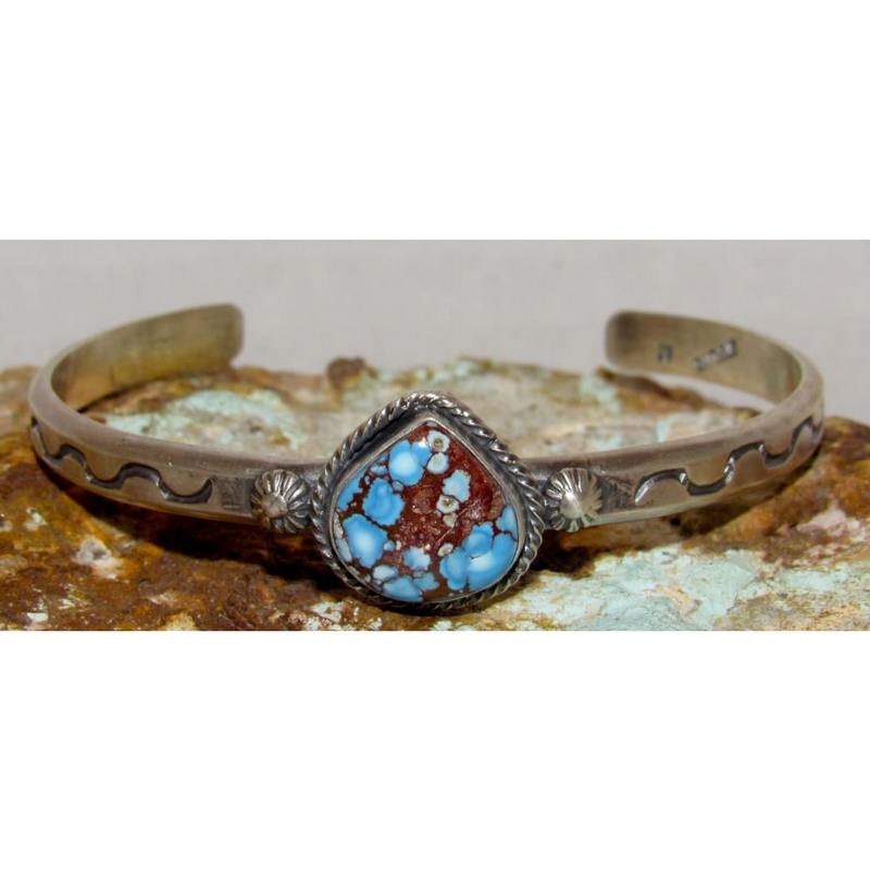 Navajo Golden Hills Turquoise Stacker Cuff Sterling Hand Etched Bracelet S. Yellowhair: Fab sterling silver and gorgeous Golden Hills mine turquoise Native American Navajo stacker cuff bracelet by the collectible Navajo artist Sam Yellowhair. Wonderful craftsmanship and attention to deta