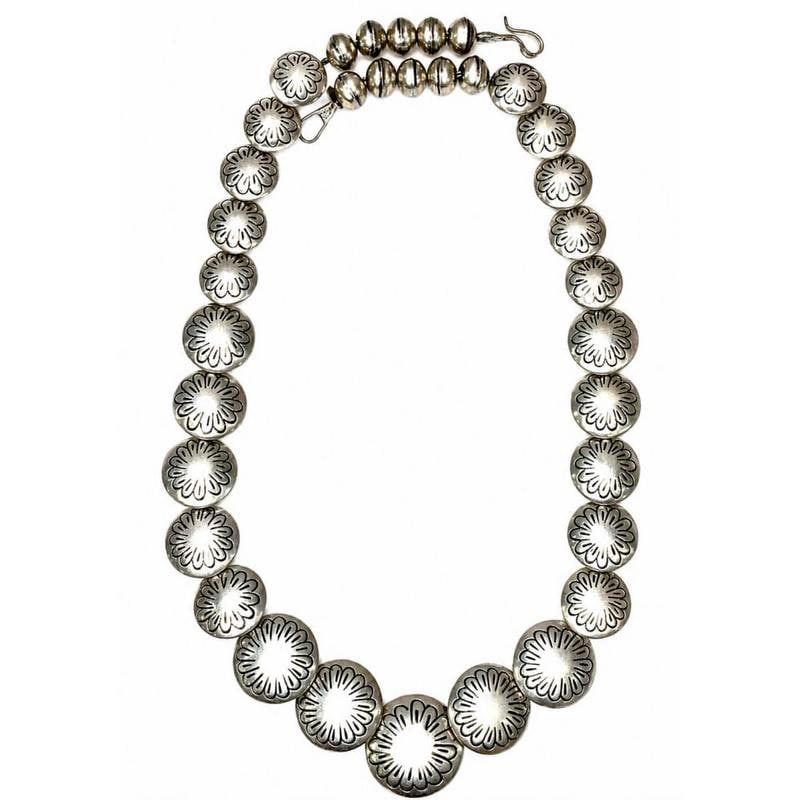 Vintage Pillow Beads Navajo Pearls Necklace Hand Stamped Design 20"L 80G: Vintage Pillow Beads Navajo Pearls Necklace Hand Stamped Design 20"L 80G. Phenomenal vintage Navajo pearls pillow beads necklace. Hand etched, hand stamped traditional design, strung on a foxtail chai