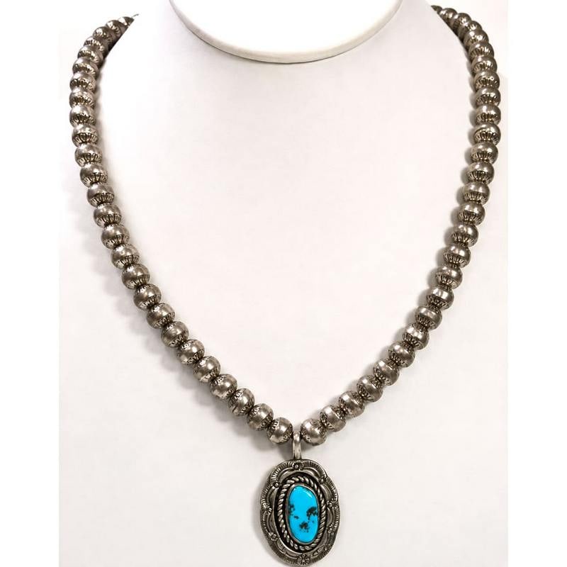 Vintage Navajo Morenci Turquoise Pendant Sterling Navajo Pearls Necklace M Monte: Vintage Navajo Morenci Turquoise Pendant Sterling Navajo Pearls Necklace M Monte. A striking Old Pawn Navajo sterling silver necklace by Marty Monte, featuring a substantial strand of handcrafted Nava