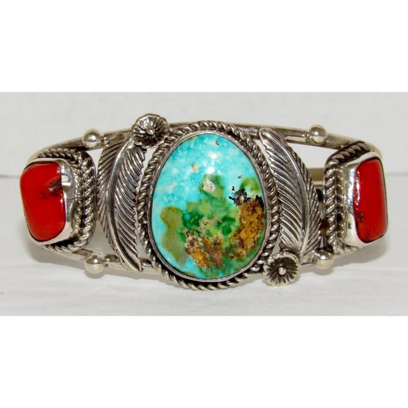 Navajo Royston Turquoise Coral Cuff Bracelet Sterling Silver J Begay (1 of 6)