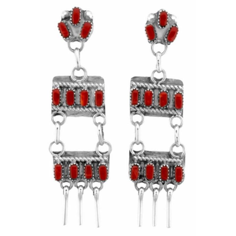 Zuni Coral Dangle Earrings Sterling Silver Native American (1 of 3)