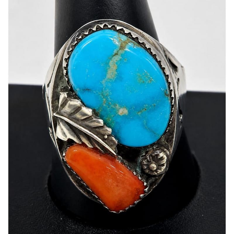 Old Pawn Zuni Men Ring Size 12 Turquoise Coral Sterling Silver Simplicio Family: Old Pawn Zuni Men Ring Size 12 Turquoise Coral Sterling Silver Simplicio Family. For your consideration is this stunning vintage estate Zuni sterling silver Blue Gem mine turquoise and Mediterranean c