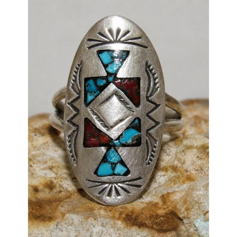 Navajo Inlay Ring Sz. 7 TribalDesign Turquoise Coral Inlay J. Yazzie (1 of 5)