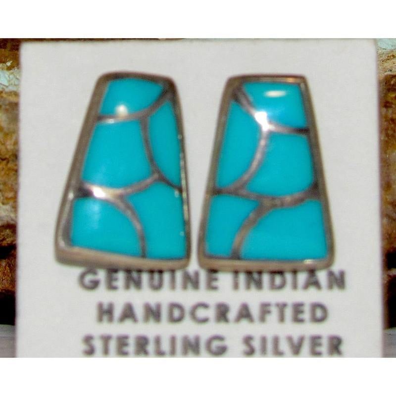 Zuni Turquoise Fish Scale Inlay Post Earrings Sterling Sleeping Beauty Turquoise (1 of 3)
