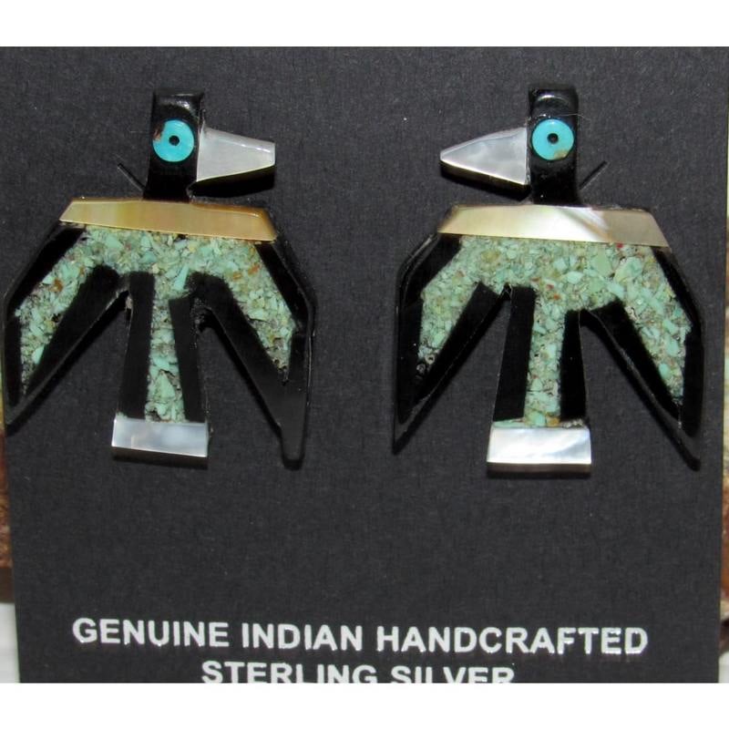 Kewa Santo Domingo Thunderbird Earrings Turquoise Jet D. Crespin (1 of 3)