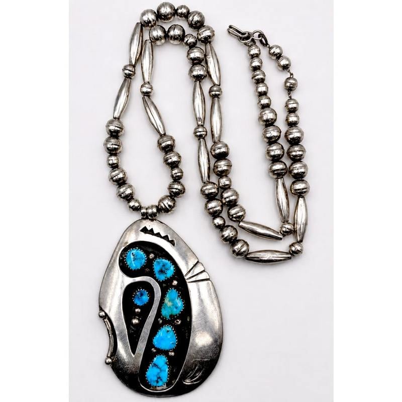 Old Pawn Navajo Kingman Turquoise Pendant Necklace Sterling Navajo Pearls Necklace (1 of 7)