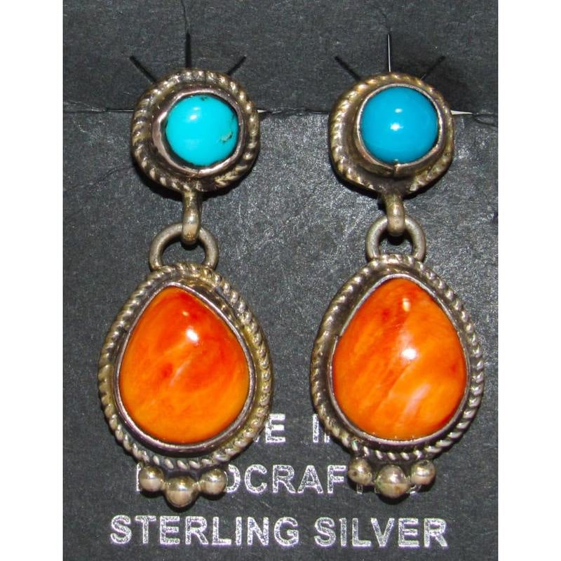 Navajo Turquoise & Orange Spiny Dangle Earrings Sterling Native M. James: For your consideration is a pair of these stunning Navajo sterling silver, Sleeping Beauty mine turquoise & orange spiny oyster dangle earrings by the Navajo artist M. James. These fab pieces feature 