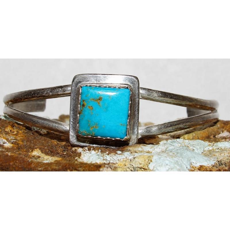 Vintage Navajo Turquoise Stacker Cuff Bracelet Sterling Silver Signed: Vintage Navajo sterling silver and turquoise cuff bracelet featuring a striking square turquoise stone with natural matrix, framed in a clean contemporary setting and accented by a split-shank design.
