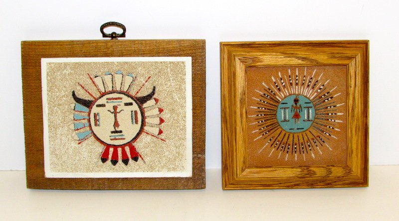 2 Vintage Navajo Sand Paintings: Set of 2 wonderful vintage Navajo sand paintings. Both signed on the back. One is 6 1/2" by 5 1/2" and the other one is 5 1/2" by 5 1/2". Great condition.