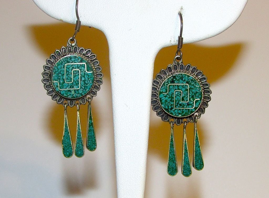 Taxco Mexican Sterling Malachite Inlay Earrings (1 of 1)