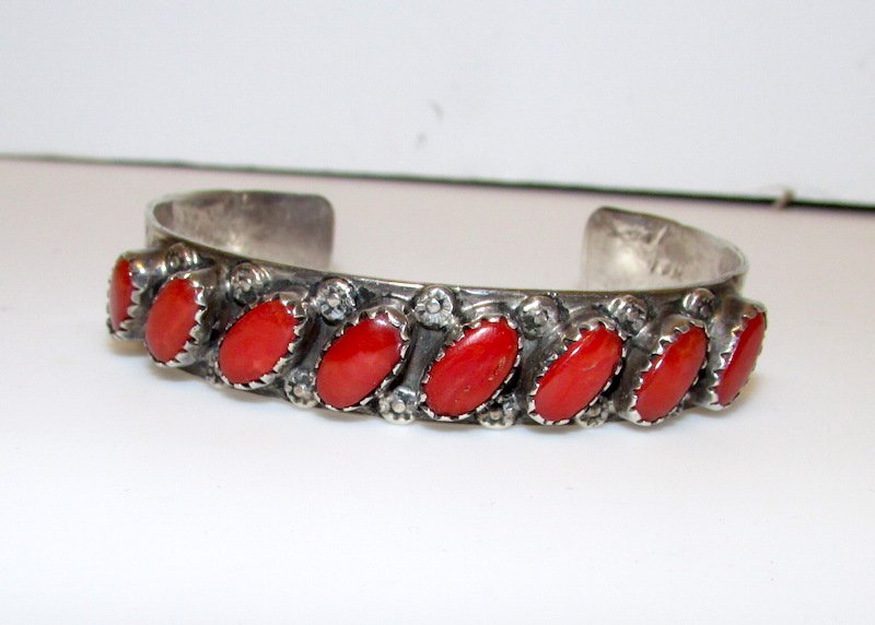 Old Pawn Navajo Sterling Coral Cuff Bracelet (1 of 2)