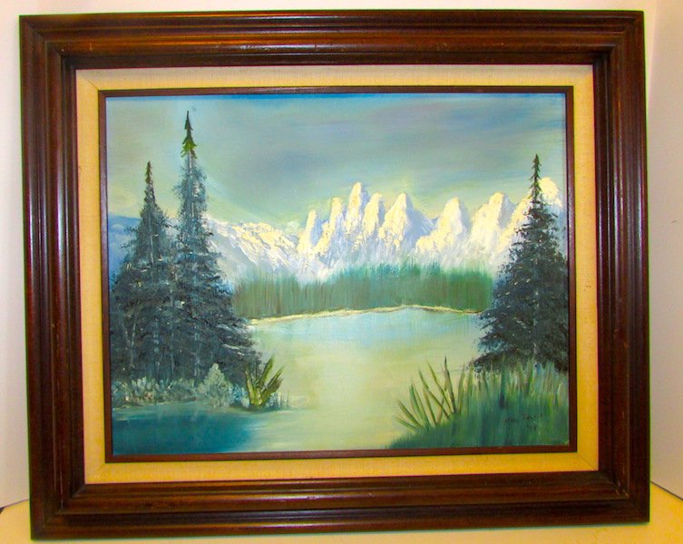 Original Vintage Acrylyc on Canvas Landscape Art: For your consideration is this fabulous vintage acrylic on canvas painting by Mary Haynig, painted in 1984. The painting depicts a soothing landscape of a lake nestled in the snowy mountain peaks and 