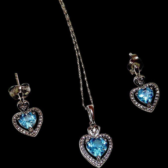 Sterling Silver Blue Topaz Marcasites Earrings Necklace (1 of 1)
