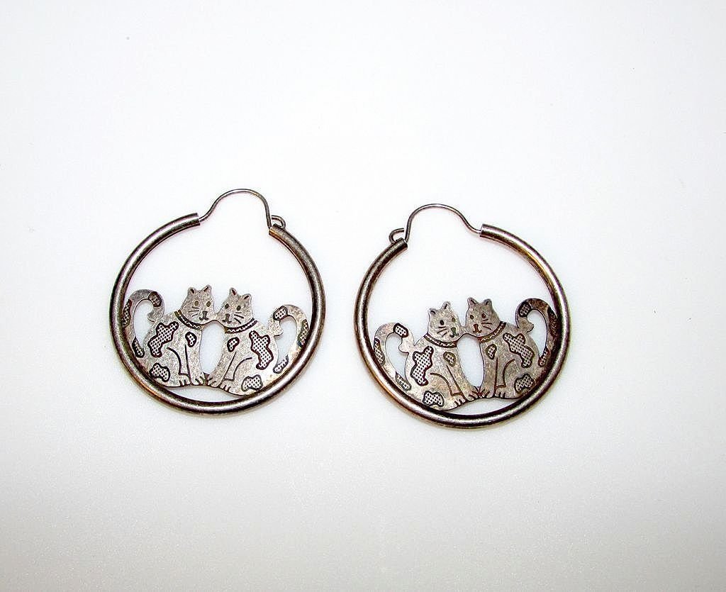 Sterling Silver Cats Pierced Hoop Earrings (1 of 1)