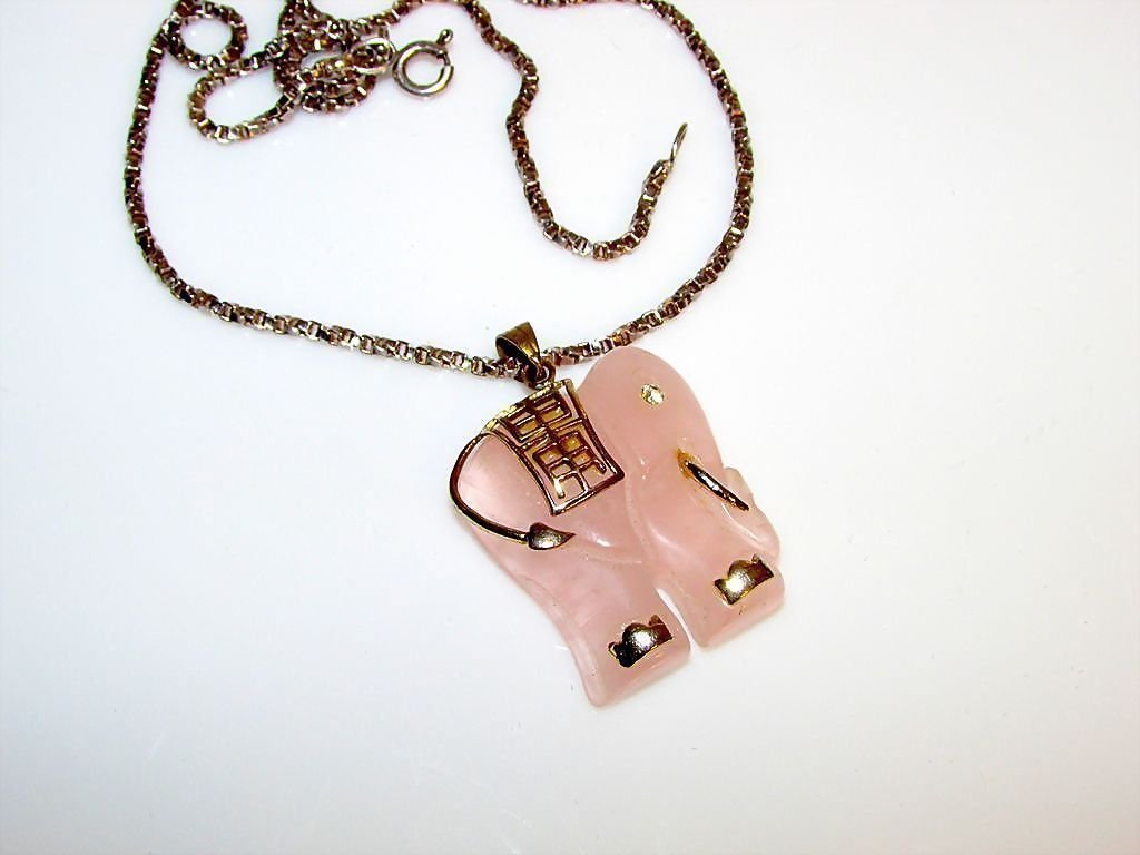 Pink Jade Carved Elephant Lucky Charm on Sterling Chain (1 of 1)