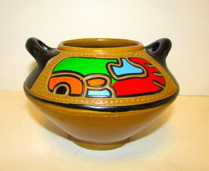 Vintage Mexican Clay Pottery Aztec Design Pot Olla (1 of 2)