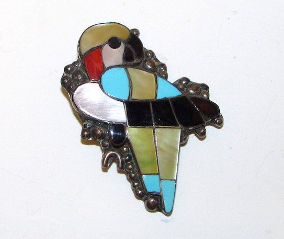 Old Pawn Zuni Inlay Parrot Bird Brooch: For your consideration is this exquisite vintage Old Pawn Zuni sterling silver and turquoise, coral, jet, and MOP inlay exotic parrot brooch/pendant in wonderful vintage condition. The exquisite examp