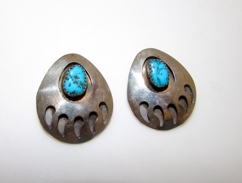 Navajo Sterling Turquoise Large Bear Paw Earrings (1 of 1)