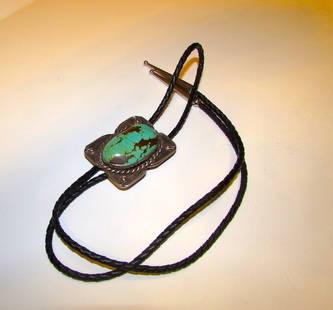 Old Pawn Navajo Sterling Turquoise Bolo Tie: For your consideration is this superb, large Old Pawn Navajo sterling silver and turquoise bolo tie in wonderful vintage condition. The bolo features a large, genuine turquoise cabochon in sterling si