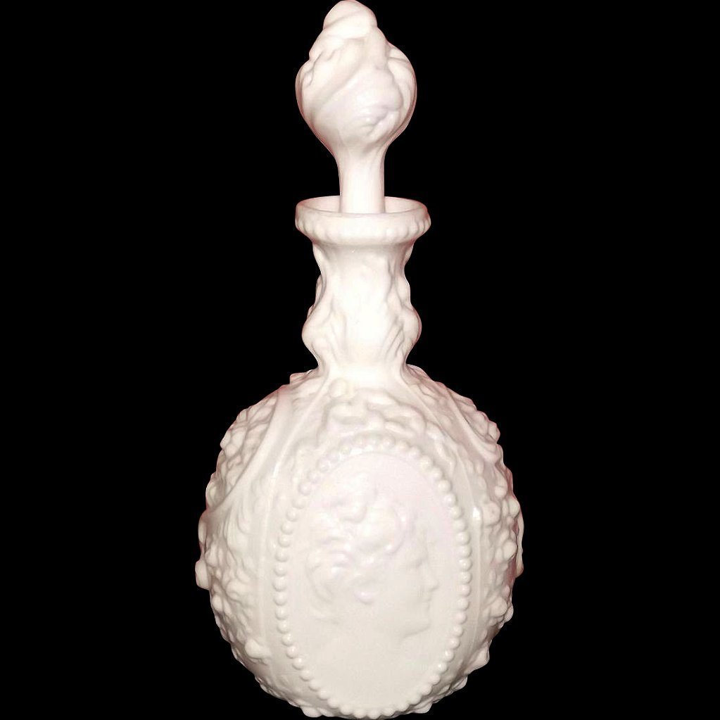 FOSTORIA Jenny Lind Milk Glass Cologne Decanter: For your consideration is this exquisite Fostoria Jenny Lind milk glass cologne bottle/decanter with a stopper in wonderful condition. The piece features a cameo design with high relief on both sides 