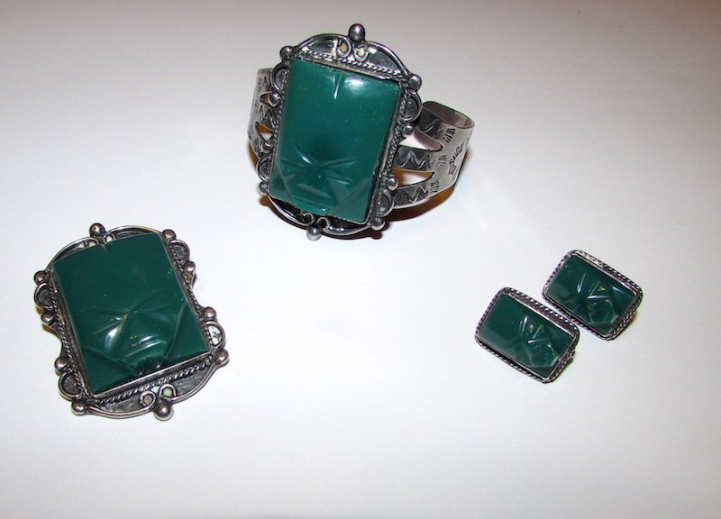 PRE EAGLE Taxco Sterling Green Agate Cuff Set (1 of 2)