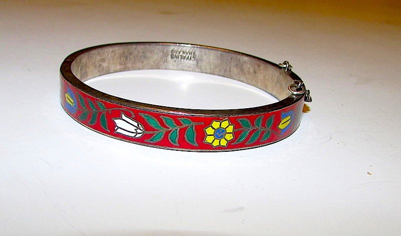 Sterling 925 Red Enamel Vintage Bangle Bracelet (1 of 1)