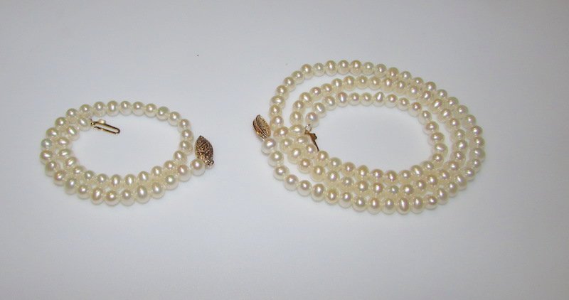 14k Gold Pearl Necklace Bracelet Set (1 of 1)