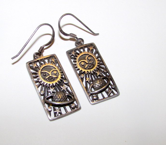 925 Celestial Moon Stars Sun Earrings: Spectacular vintage sterling silver, filigree celestial moon, sun, stars, planets earrings. Fabulous craftsmanship and attention to details. Marked "925". Measures 1 1/2" long