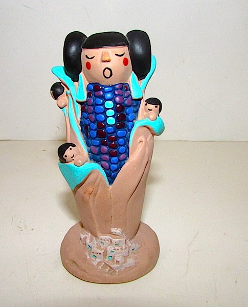Pueblo Pottery Story Teller Blue Corn Maiden Figurine: Vintage Pueblo Pottery Native American Story Teller Bllue Corn Maiden Figurine. Measures 4" tall. No chips, Cracks, repairs. Signed by the artist