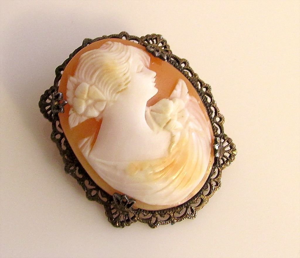 Victorian Carved Shell Sterling Silver Marcasite Cameo (1 of 2)