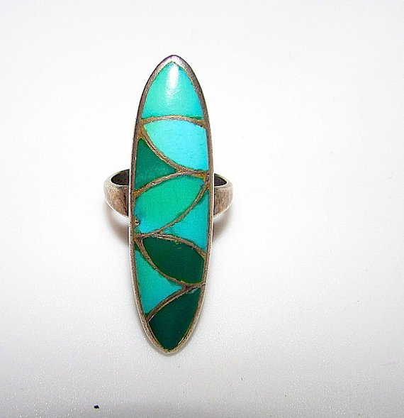 Old Pawn Sterling Turquoise Inlay Zuni Ring Size 6 (1 of 3)