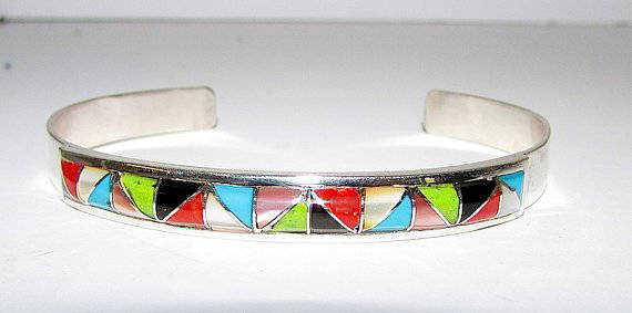 ZUNI Gloria Tucson Sterling Inlay Bracelet: For your consideration is this fabulous vintage sterling Zuni sterling silver and turquoise, coral, MOP, gaspeite, and jet inlay cuff bracelet in wonderful vintage condition by the highly collectible