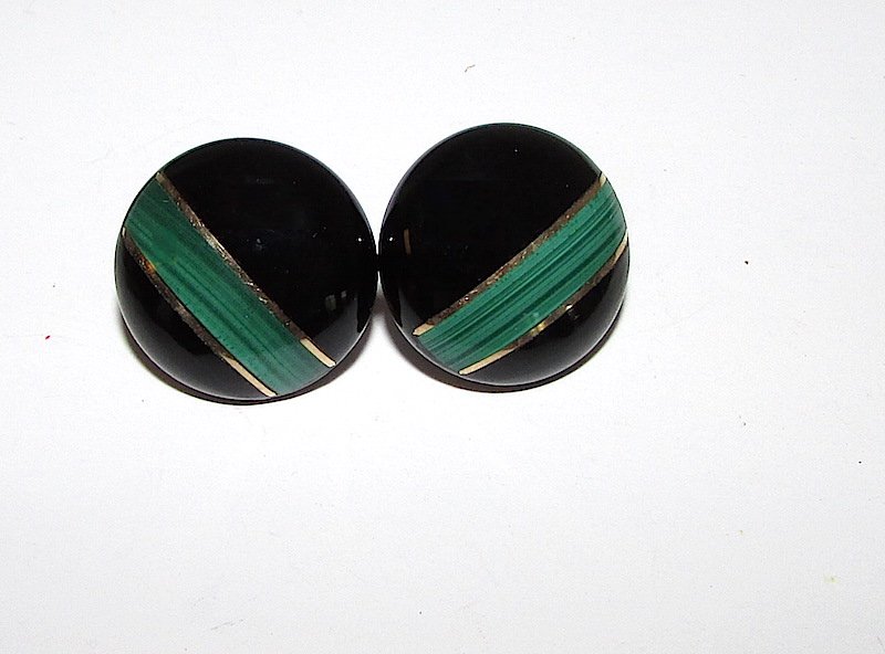 Vintage 14K Gold Onyx Malachite Earrings (1 of 2)