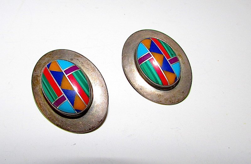 Old Pawn Navajo Sally Ramone Sterling Inlay Earrings: For your consideration is a pair of these fabulous vintage Navajo sterling silver turquoise, coral, lapis, malachite, spiny oyster channel inlay clip on earrings by the collectible artist Sally Ramone