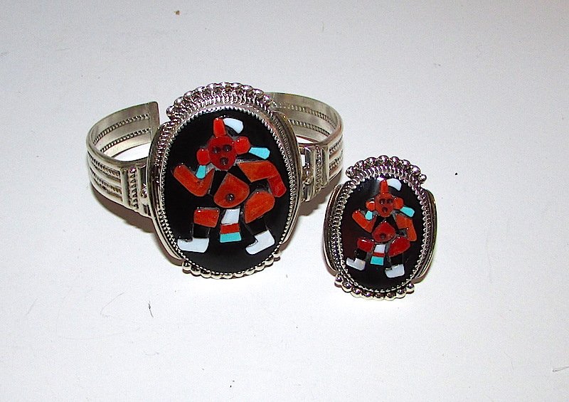 Zuni Sterling Coral Mudhead Kachina Bracelet Ring Set (1 of 4)
