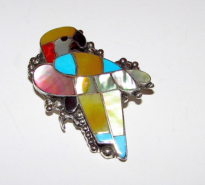 Old Pawn Zuni Sterling Silver Inlay Parrot Brooch Pin (1 of 1)