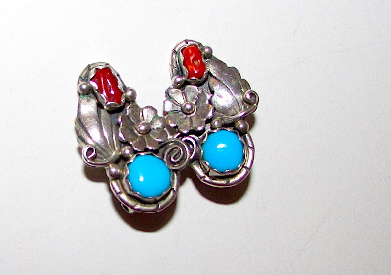 Navajo Tim Yazzie Sterling Turquoise Coral Earrings: For your consideration are these fabulous vintage Navajo sterling silver, turquoise, and coral clip on earrings in wonderful vintage condition by the collectible Navajo artist Tim Yazzie. This gorgeou