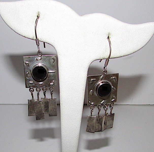 Taxco Mexican Sterling Onyx Dangle Earrings (1 of 1)