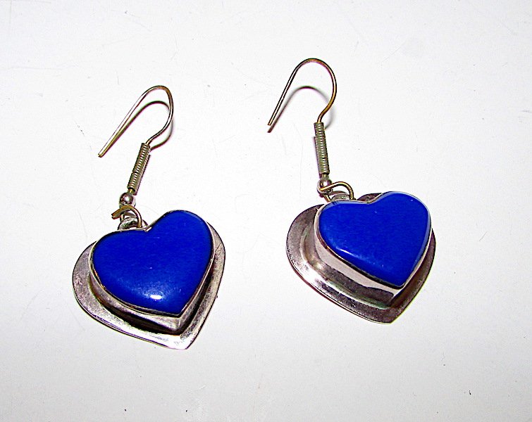 Taxco Mexcian Sterling Lapis Heart Statement Earrings (1 of 2)
