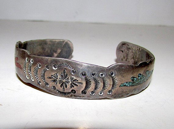 Old Pawn Sterling Turquoise Coral Navajo Bracelet (1 of 3)