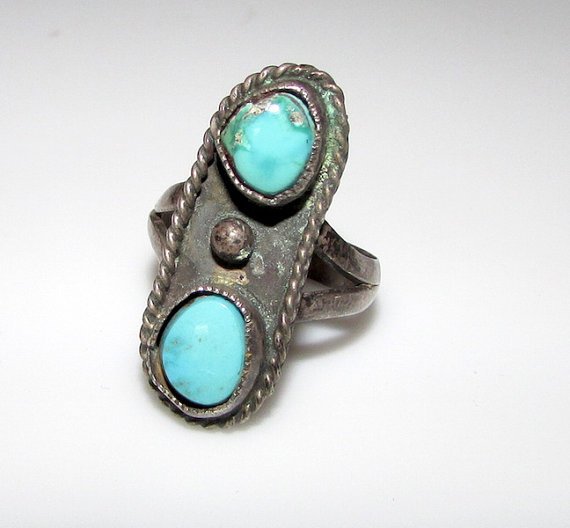 Old Pawn Navajo Sterling Turquoise Ring 1950s (1 of 2)