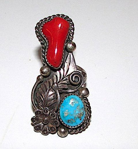 Old Pawn Navajo Sterling Coral Turquoise Ring Sz 6.5 (1 of 2)