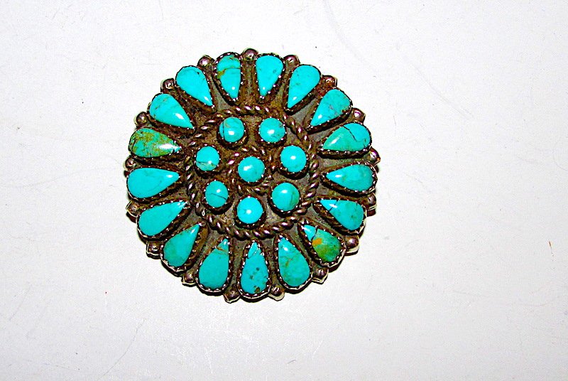 Vintage Zuni Sterling Turquoise Cluster Brooch: For your consideration is this exquisite vintage Native American Navajo sterling silver turquoise cluster brooch/pendant in wonderful vintage condition by the highly collectible Navajo artist Jerome B