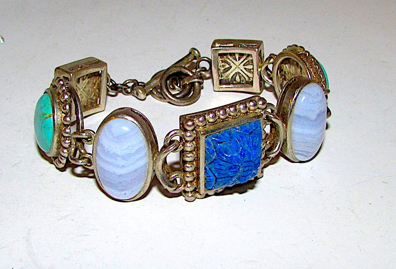 Deco Sterling Turquoise Carved Lapis Bracelet (1 of 3)